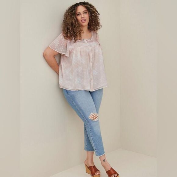 TORRID Top Womens 3XL Pale Pink Chiffon Polka Dot Button Front Blouse Crochet - Picture 3 of 14